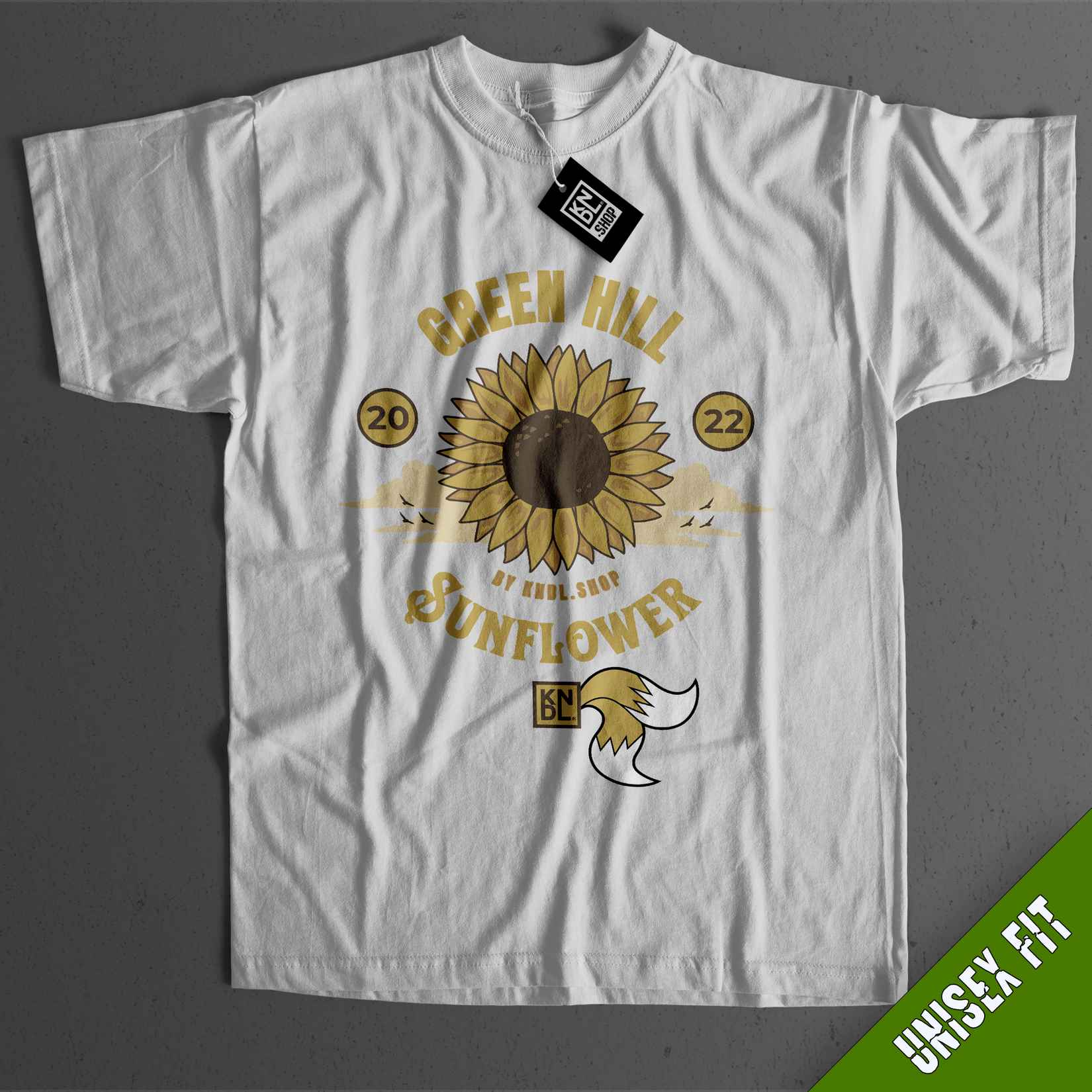 a white t - shirt with a sunflower on it
