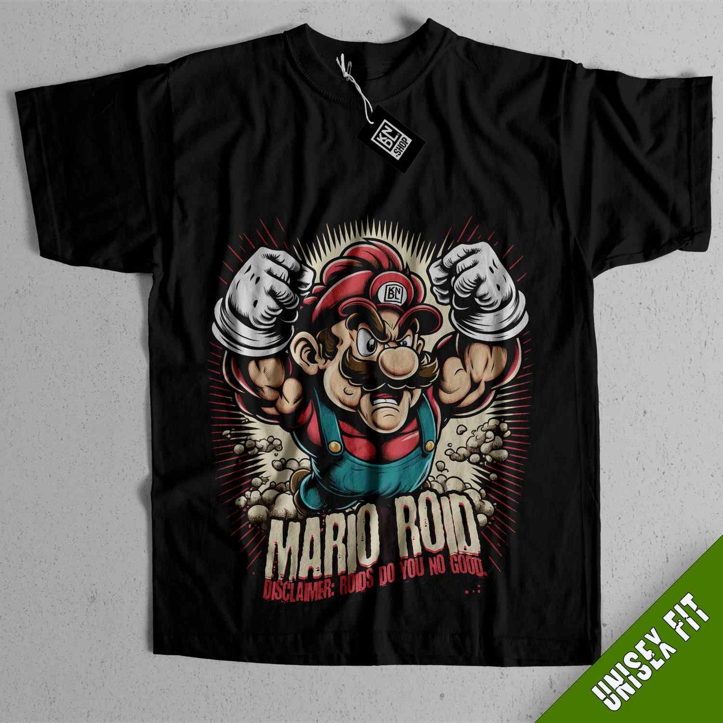 a black shirt with an image of a mario bros character