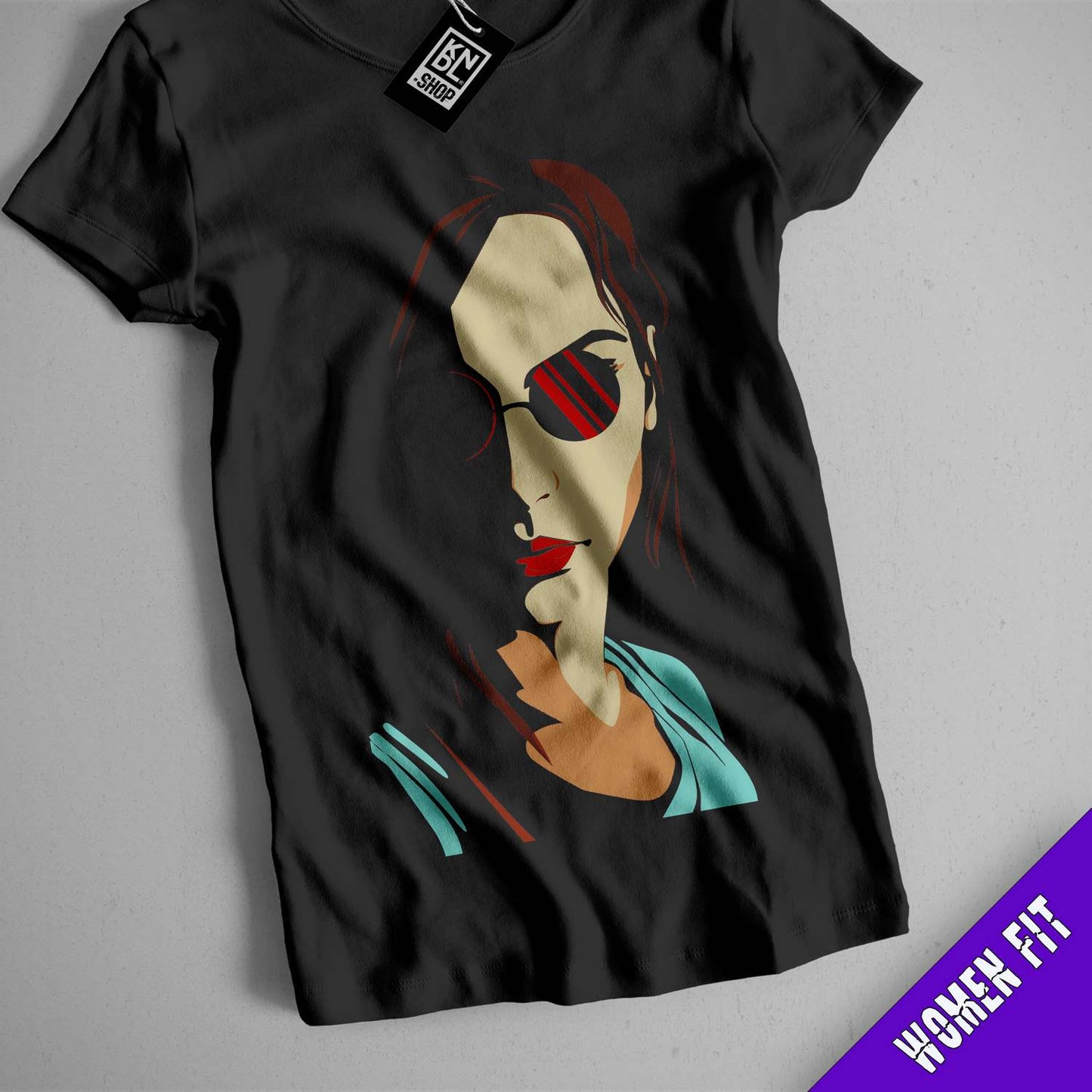 a t - shirt with a picture of a woman wearing sunglasses
