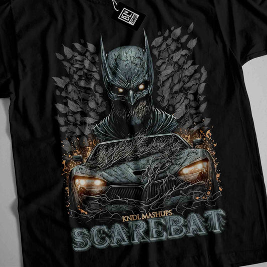 a black t - shirt with a picture of a car with a bat on it