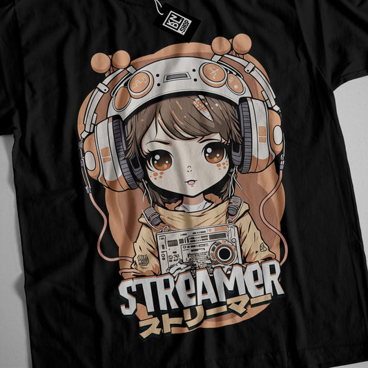 a t - shirt with a picture of a girl wearing headphones