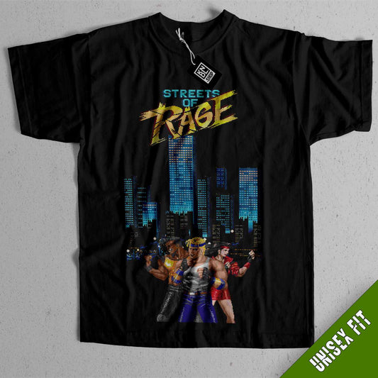 a black t - shirt with a picture of two wrestlers in front of a city