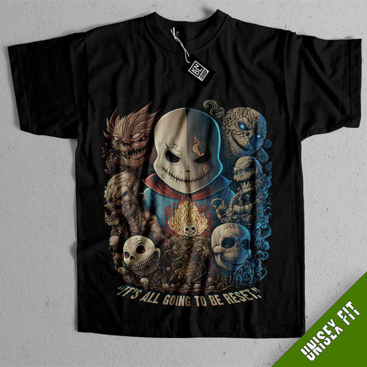 a black t - shirt with a picture of a skeleton surrounded by skulls