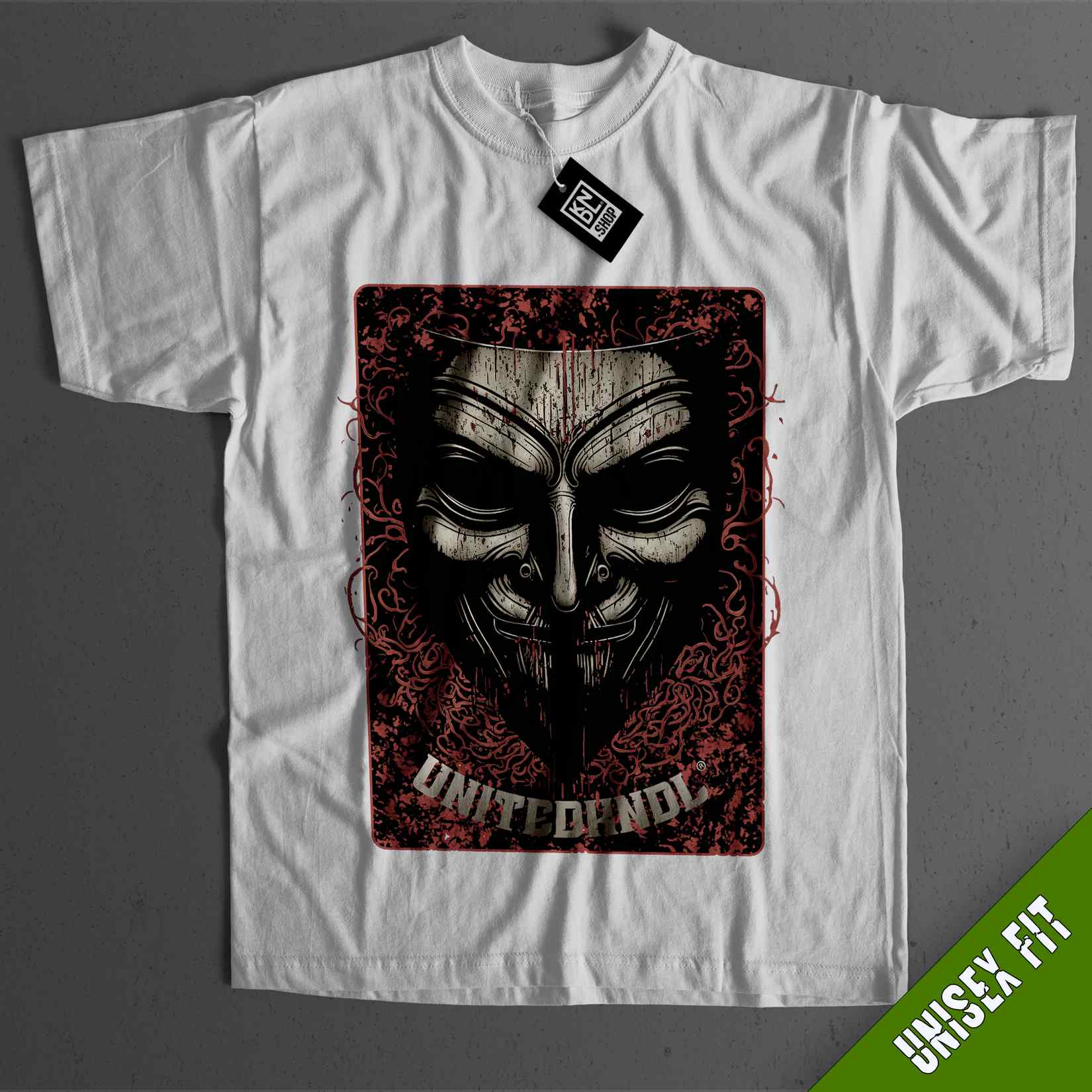 a white t - shirt with an image of a creepy mask on it