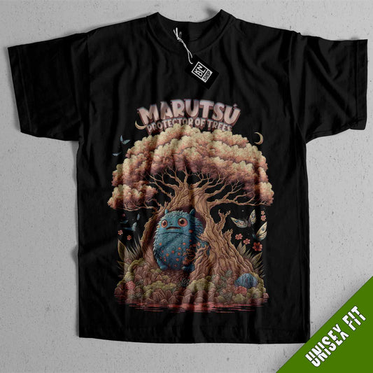 a black t - shirt with a picture of a tree and an owl on it