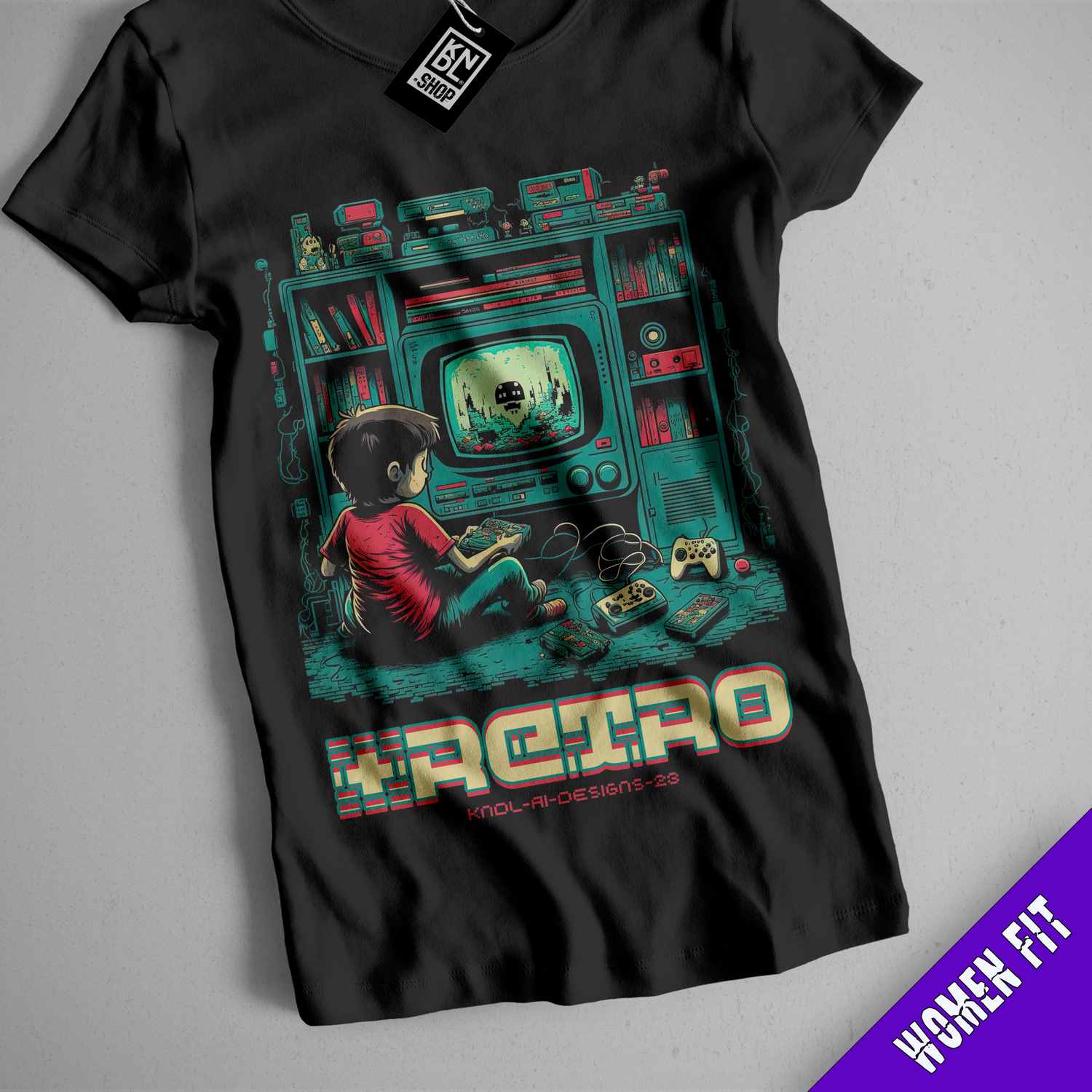 a t - shirt with an image of a boy playing a video game