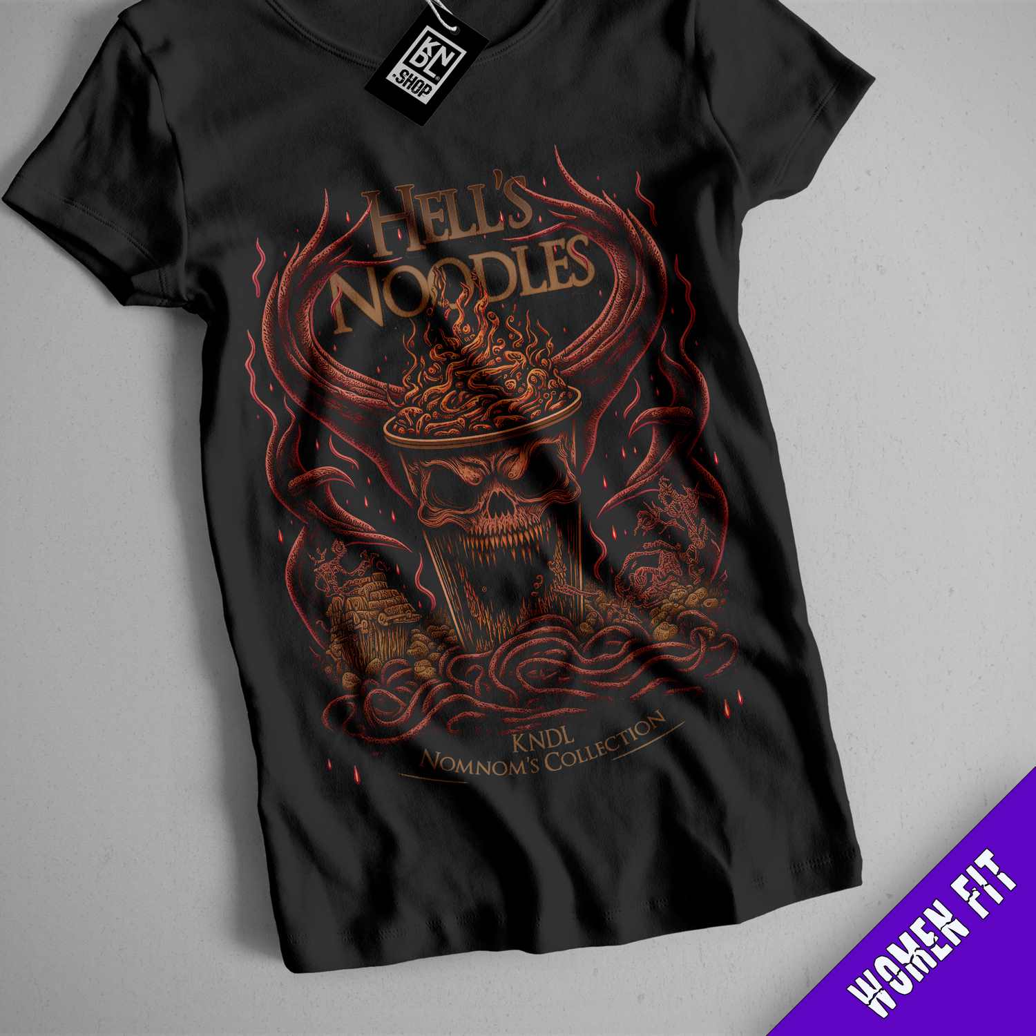 a black t - shirt with a picture of hell's noodles on