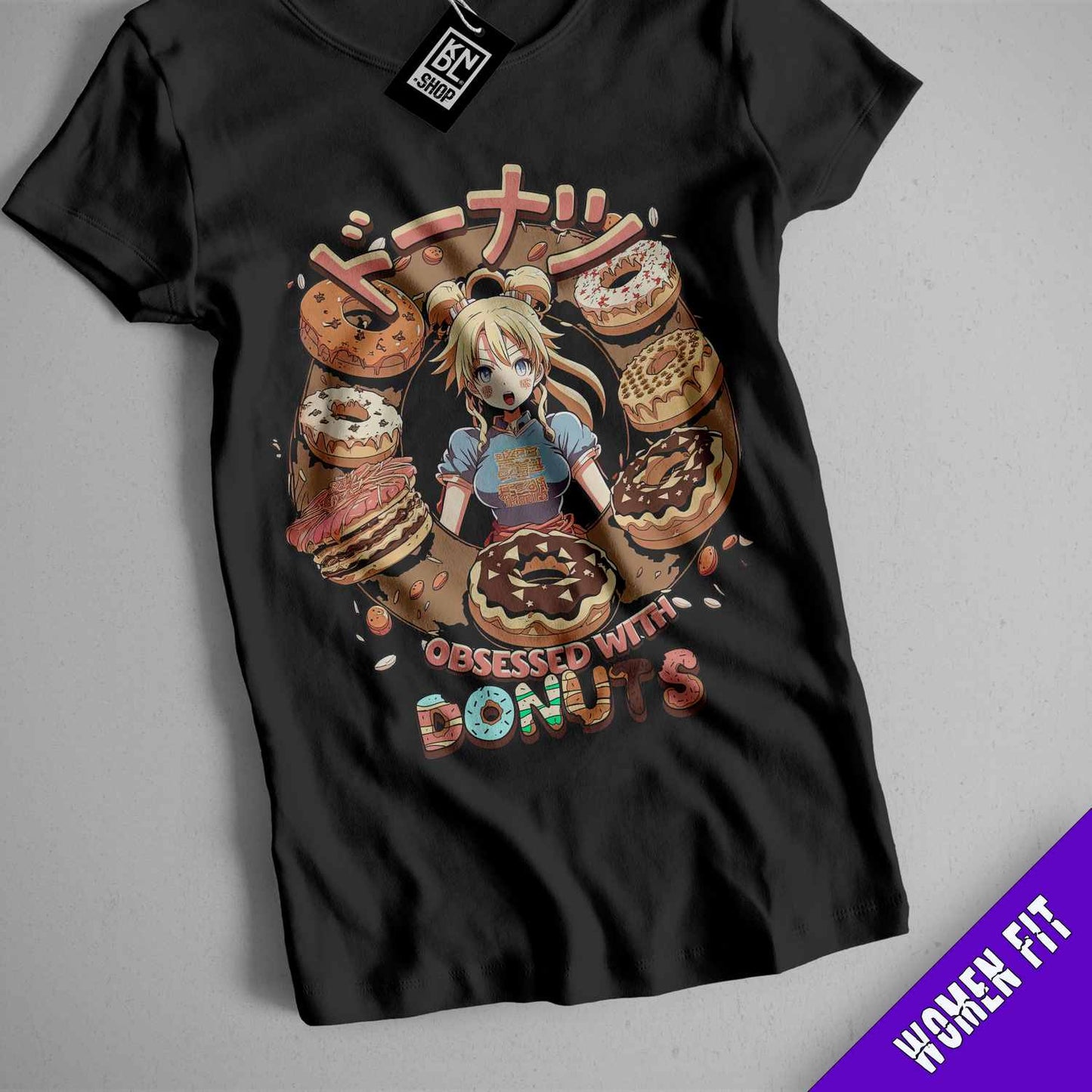 a t - shirt with a picture of a girl eating donuts