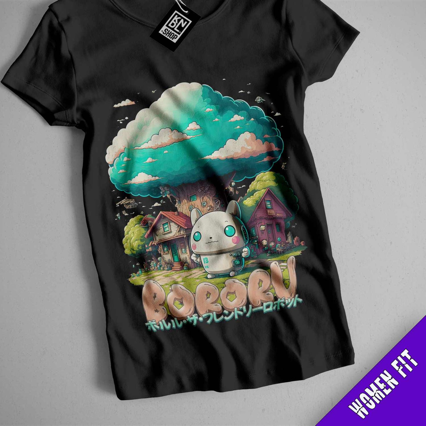 a black t - shirt with an image of a mushroom house
