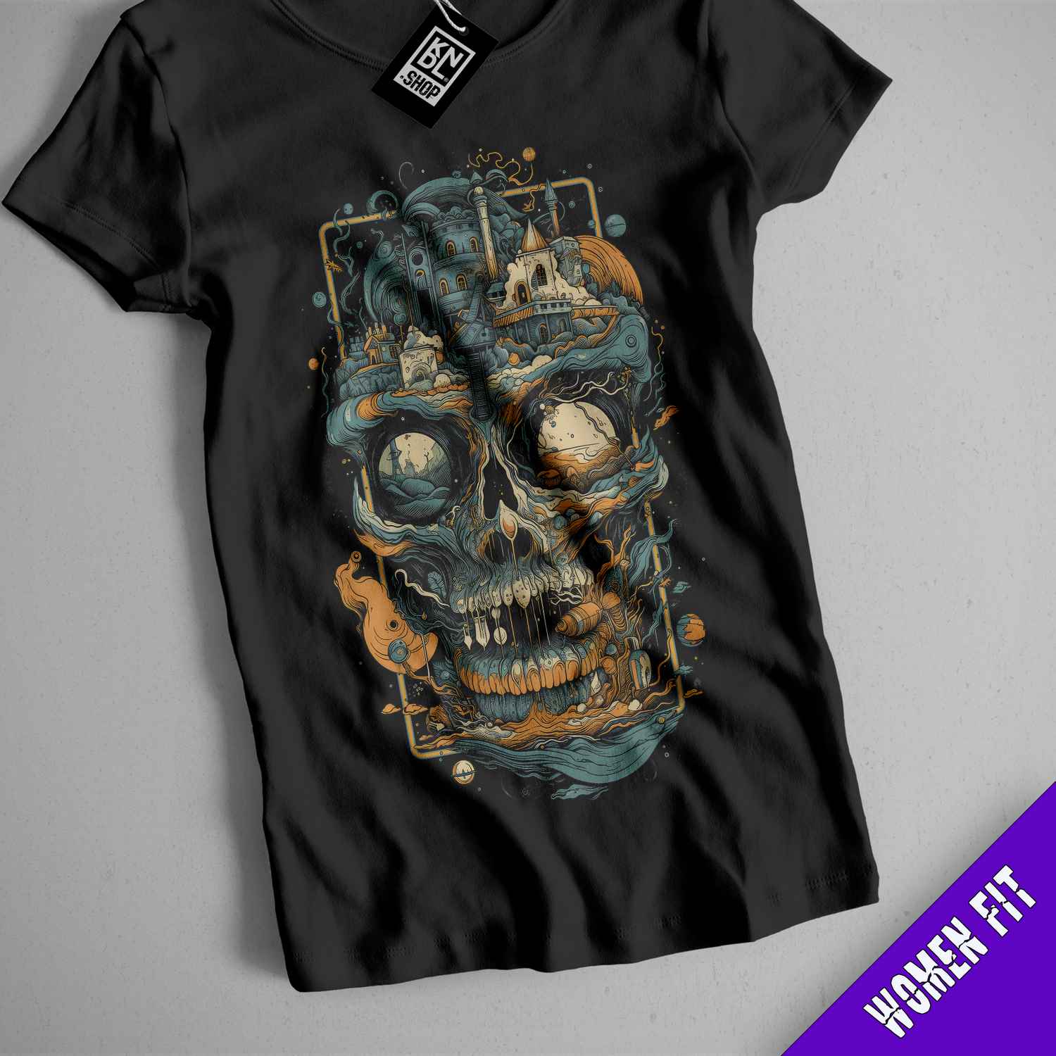 a t - shirt with a skull and a pirate ship on it