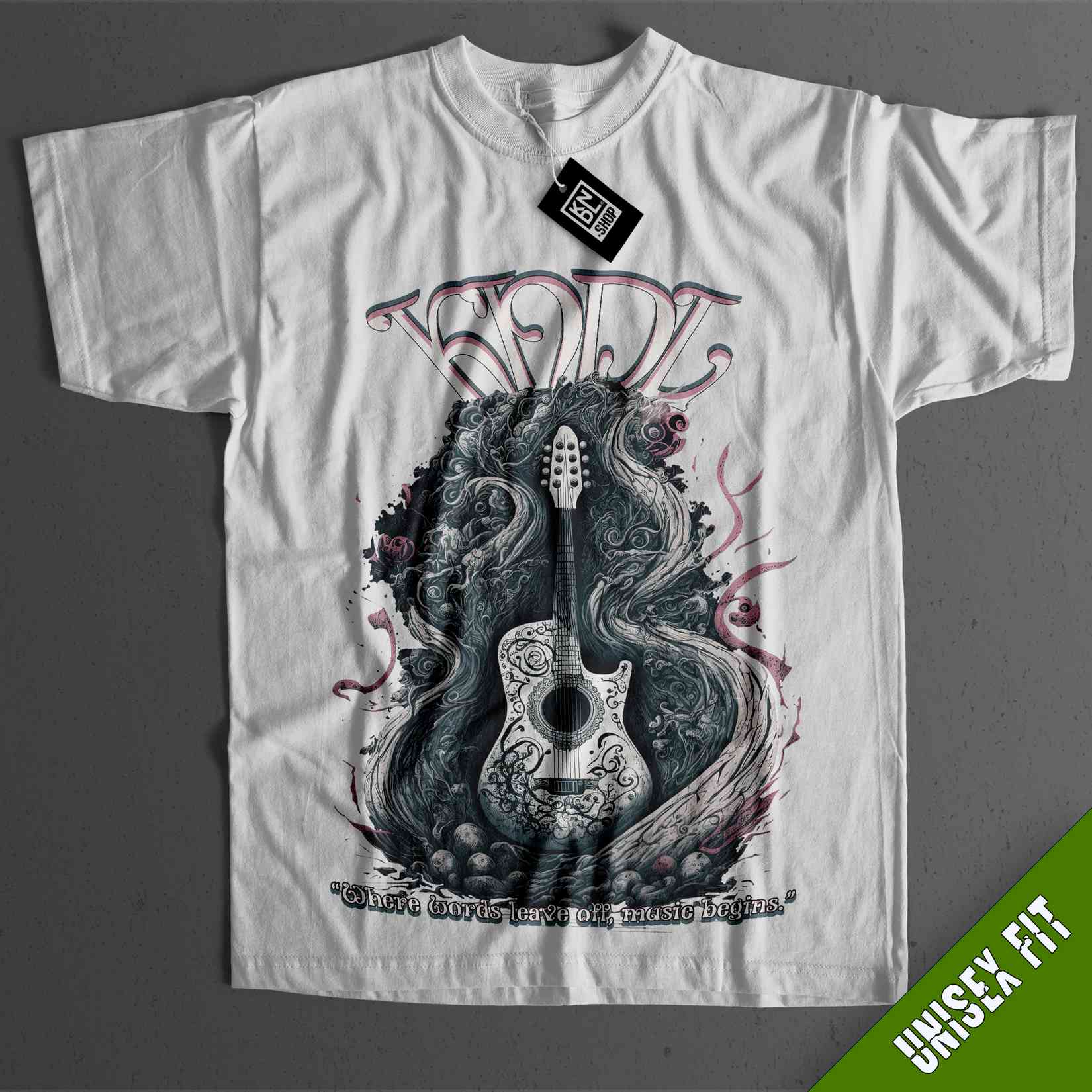 a white shirt with a guitar on it