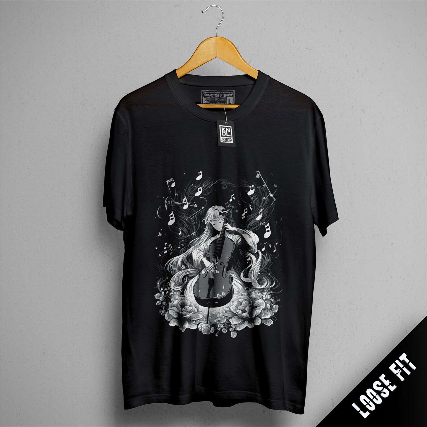 a black t - shirt with an image of a woman playing a violin