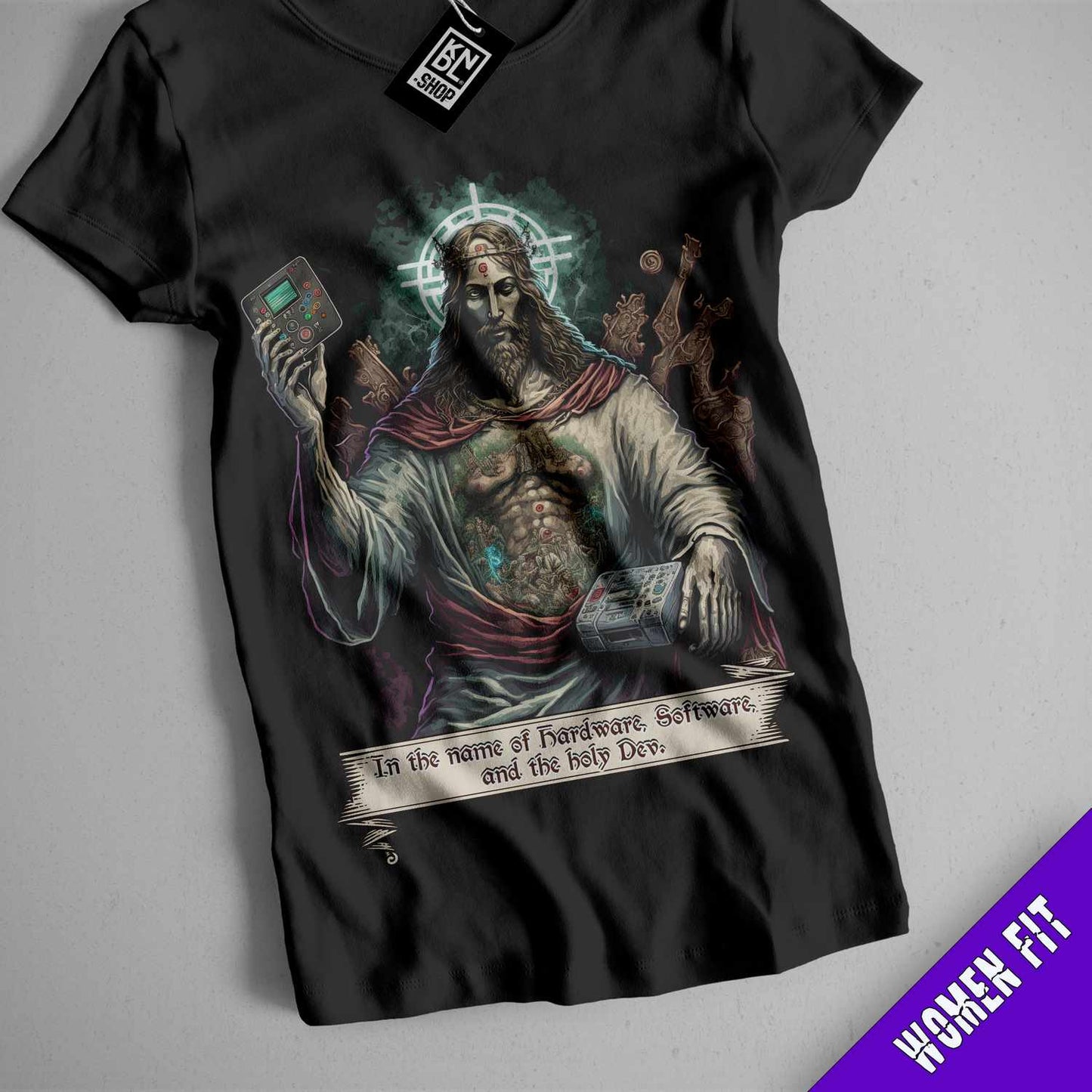 a t - shirt with a picture of jesus holding a cell phone