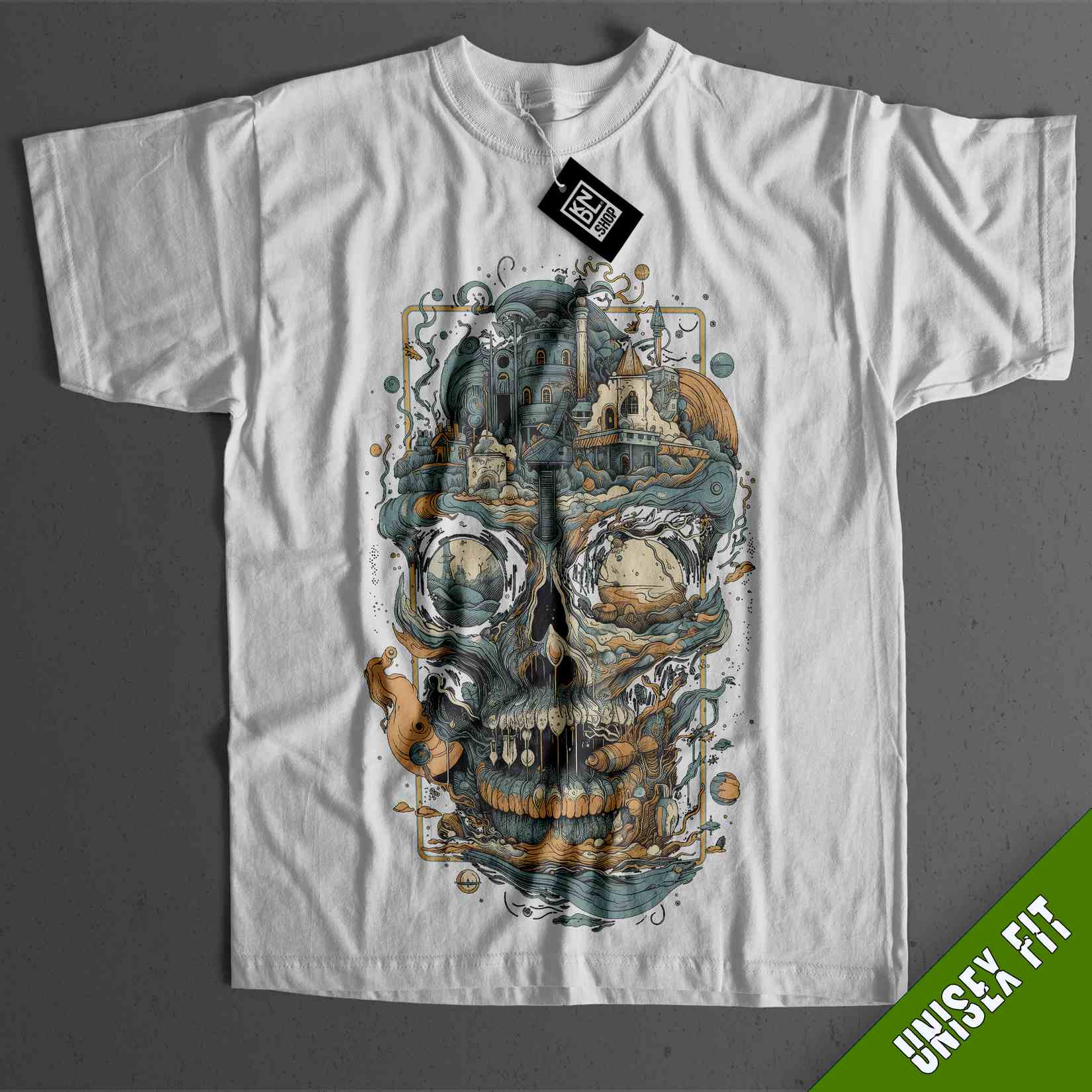 a white t - shirt with a picture of a skull on it