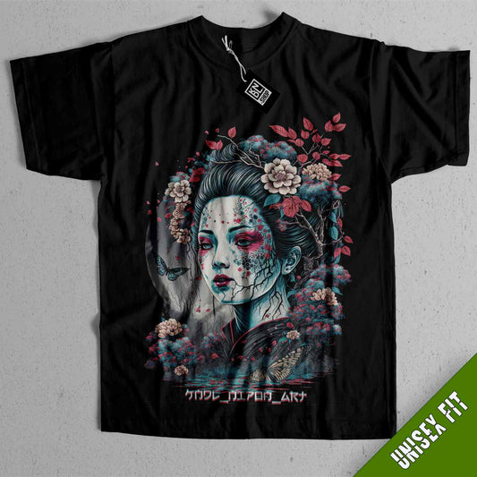 a black t - shirt with a woman's face and flowers on it