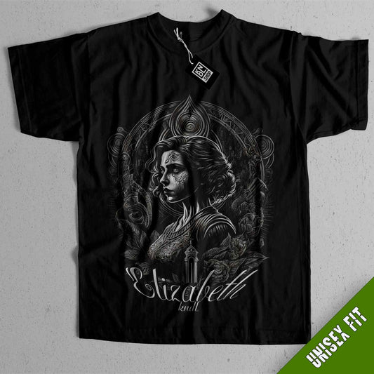 a black t - shirt with an image of a woman with a skull on it