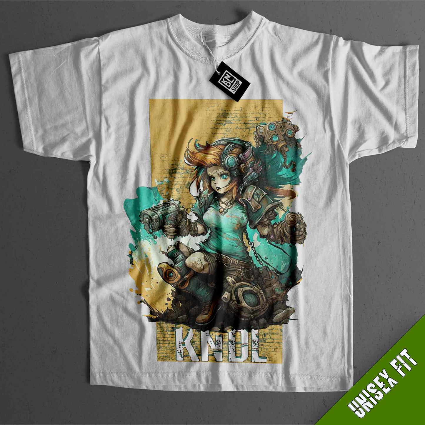 a t - shirt with an image of a woman holding a sword