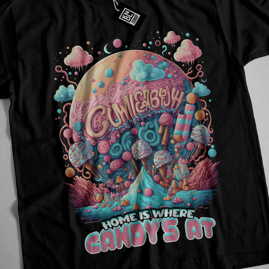 a black t - shirt with candy land on it