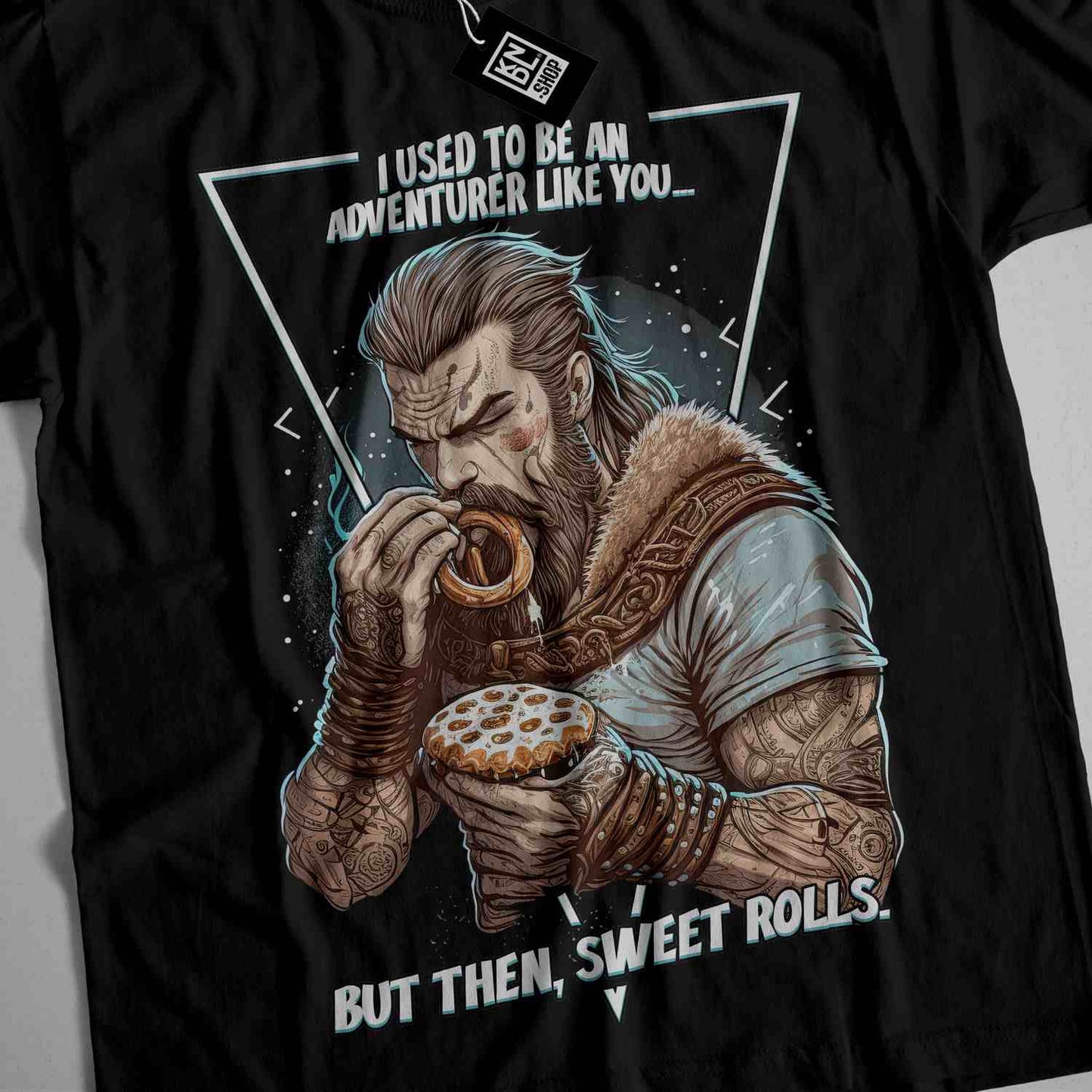 a t - shirt with an image of a man eating a donut