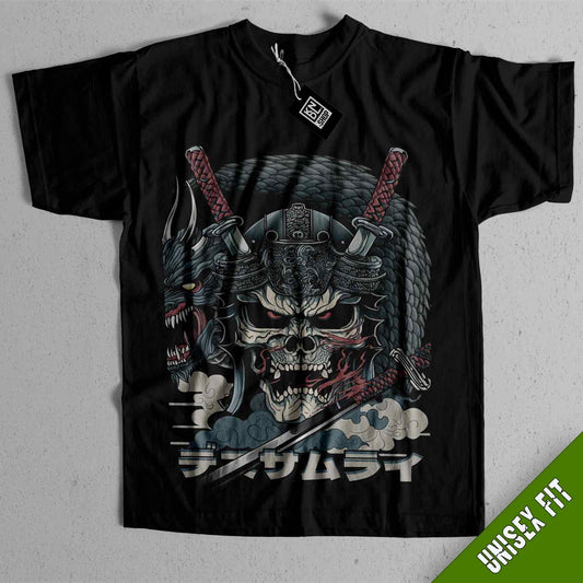 a black shirt with a skull and two swords on it
