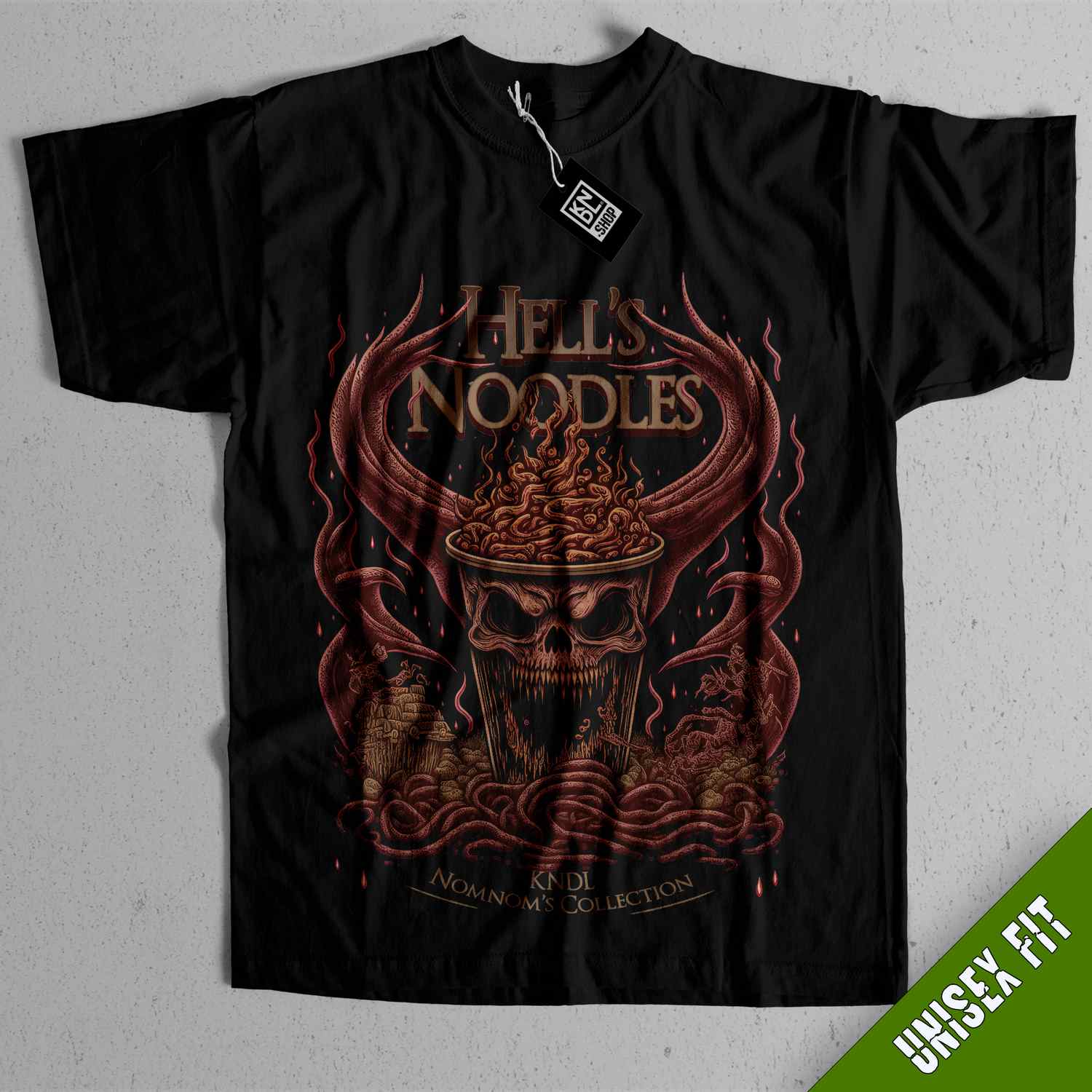 a black t - shirt with an image of a demon on it