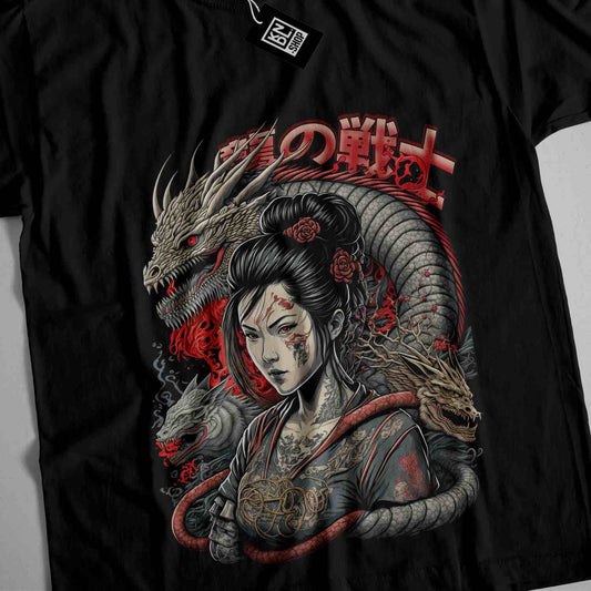 a t - shirt with a woman and a dragon on it