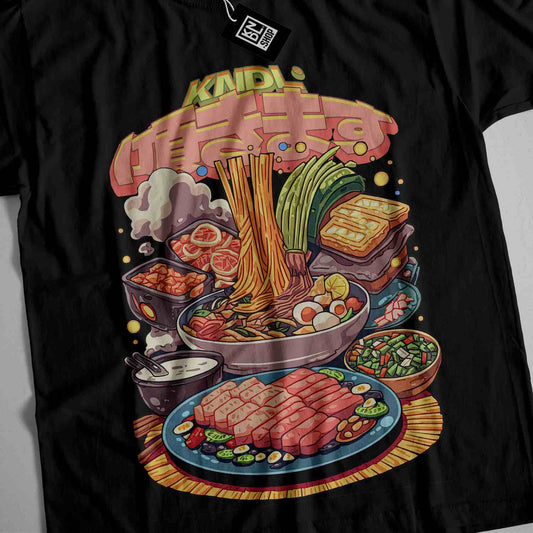 a t - shirt with a picture of a bunch of food on it