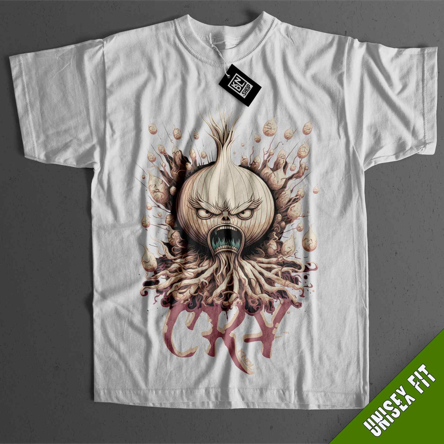 a white t - shirt with an image of an onion on it