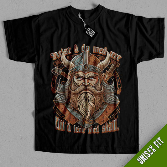 a black t - shirt with an image of a viking