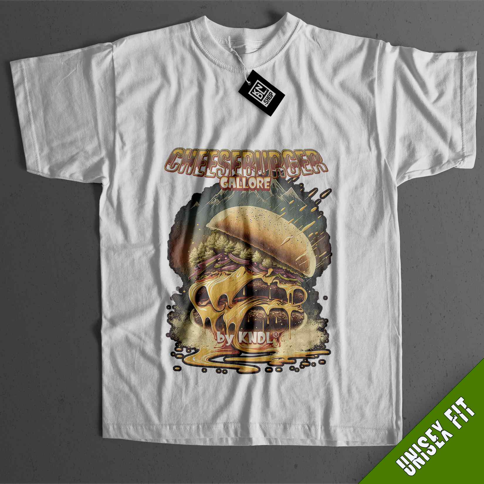 a white t - shirt with a picture of a sandwich on it