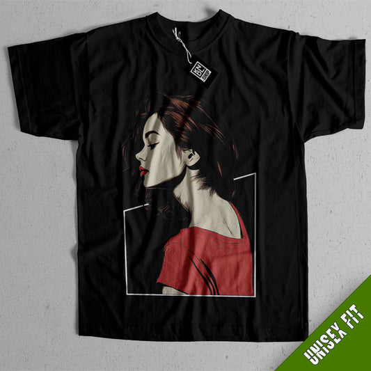 a black t - shirt with a picture of a woman's face