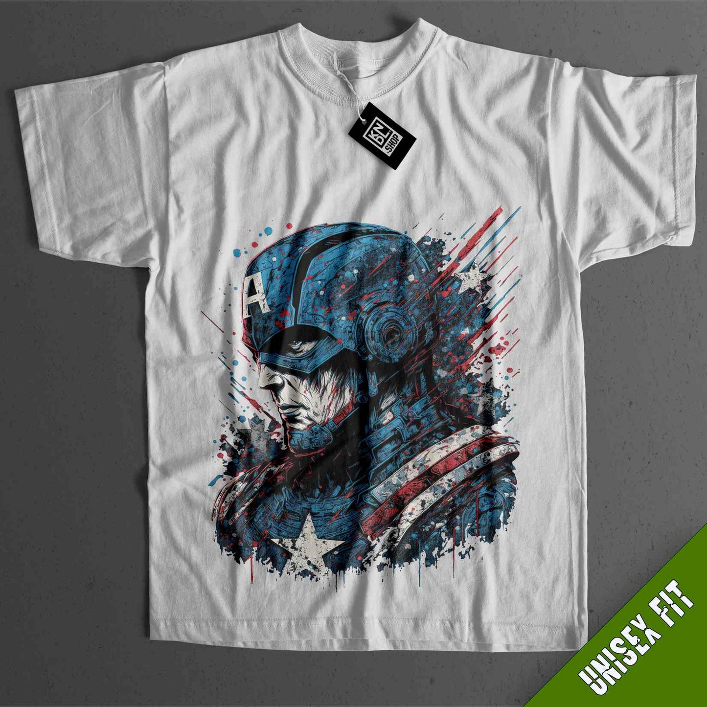 a white t - shirt with an image of captain america