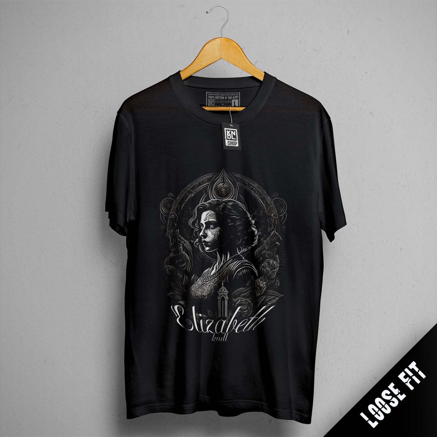 a black t - shirt with a picture of a woman on it