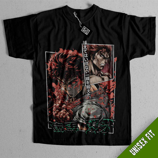 a black tshirt with a picture of two anime characters on it