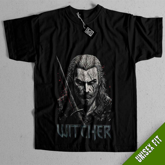 a black t - shirt with an image of a man holding a sword