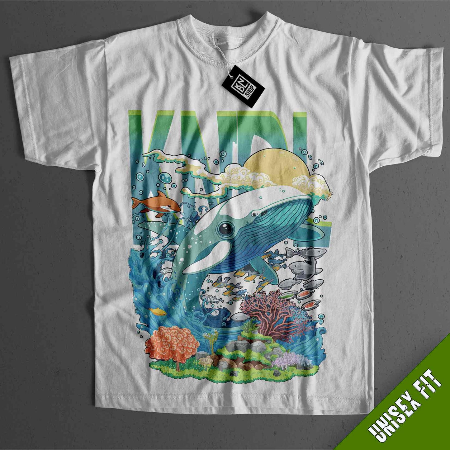 a white t - shirt with a picture of a whale on it