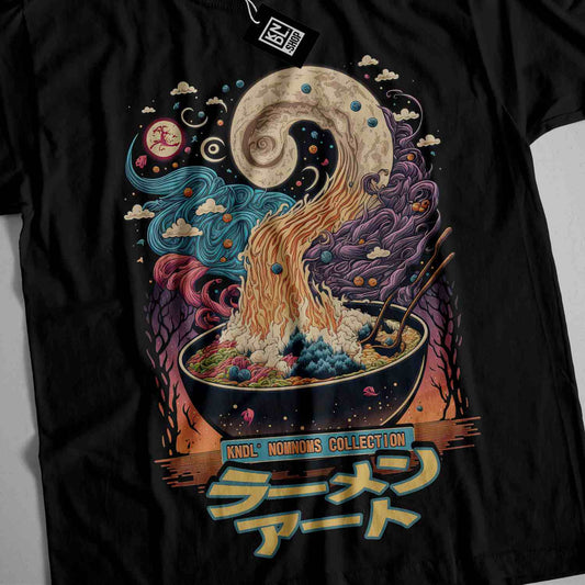 a black t - shirt with an image of a bowl of noodles