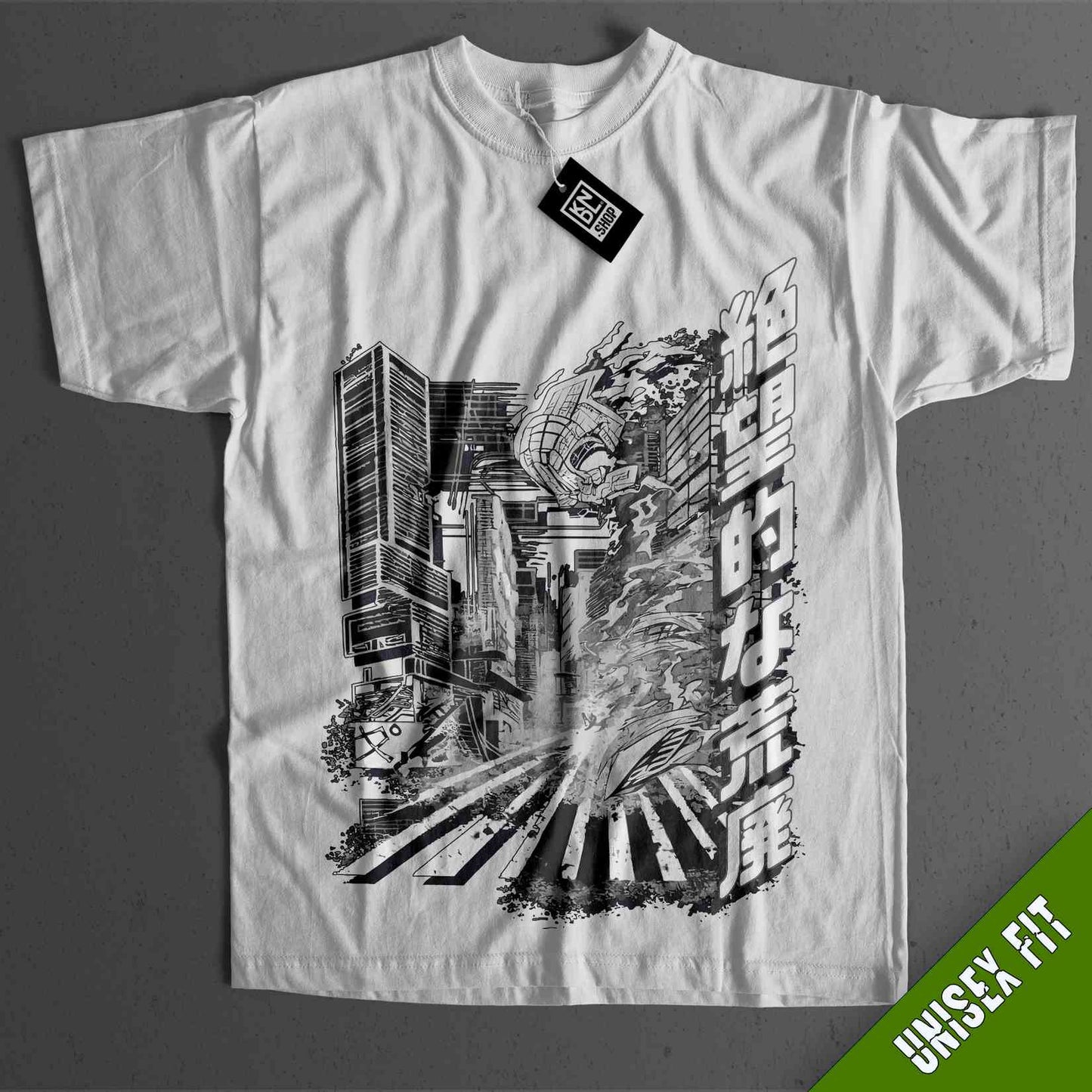 a white t - shirt with a black and white image of a city