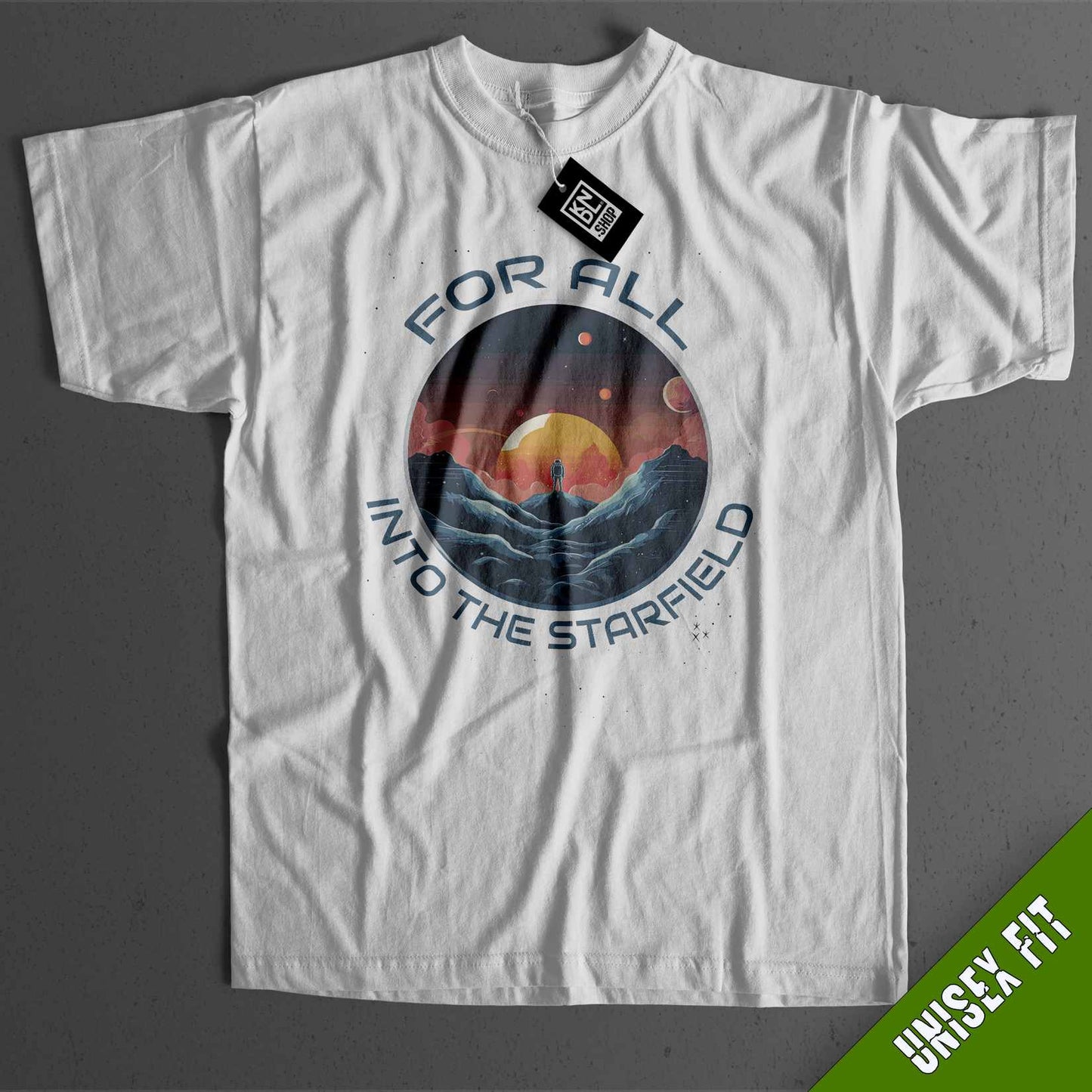 a white t - shirt with a picture of a sunset on it