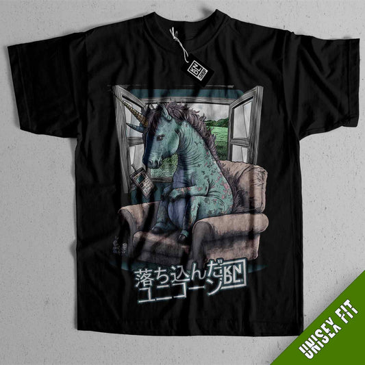 a t - shirt with a picture of a horse sitting on a couch