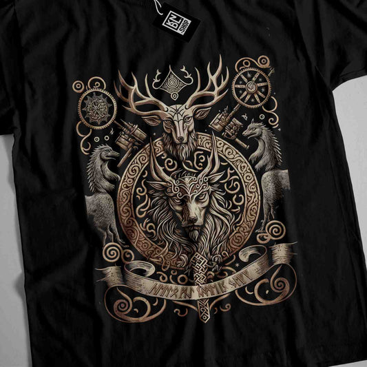 a t - shirt with an image of a deer and a banner