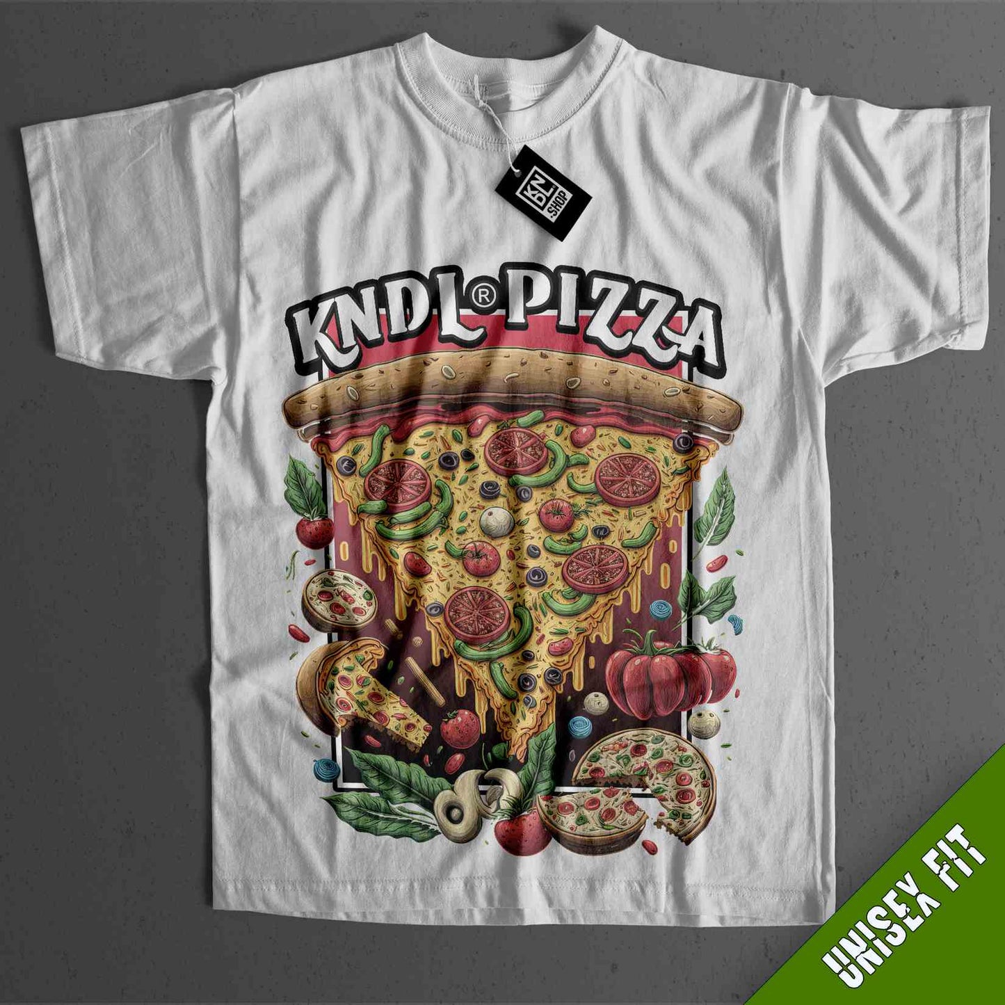 a t - shirt with a picture of a pizza on it