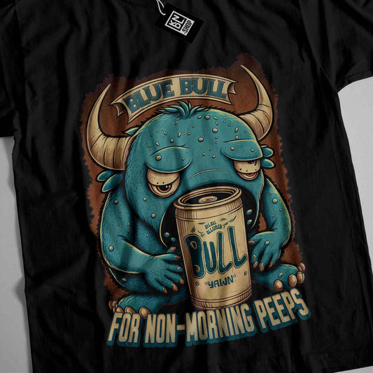 a black shirt with a blue bull holding a can of beer