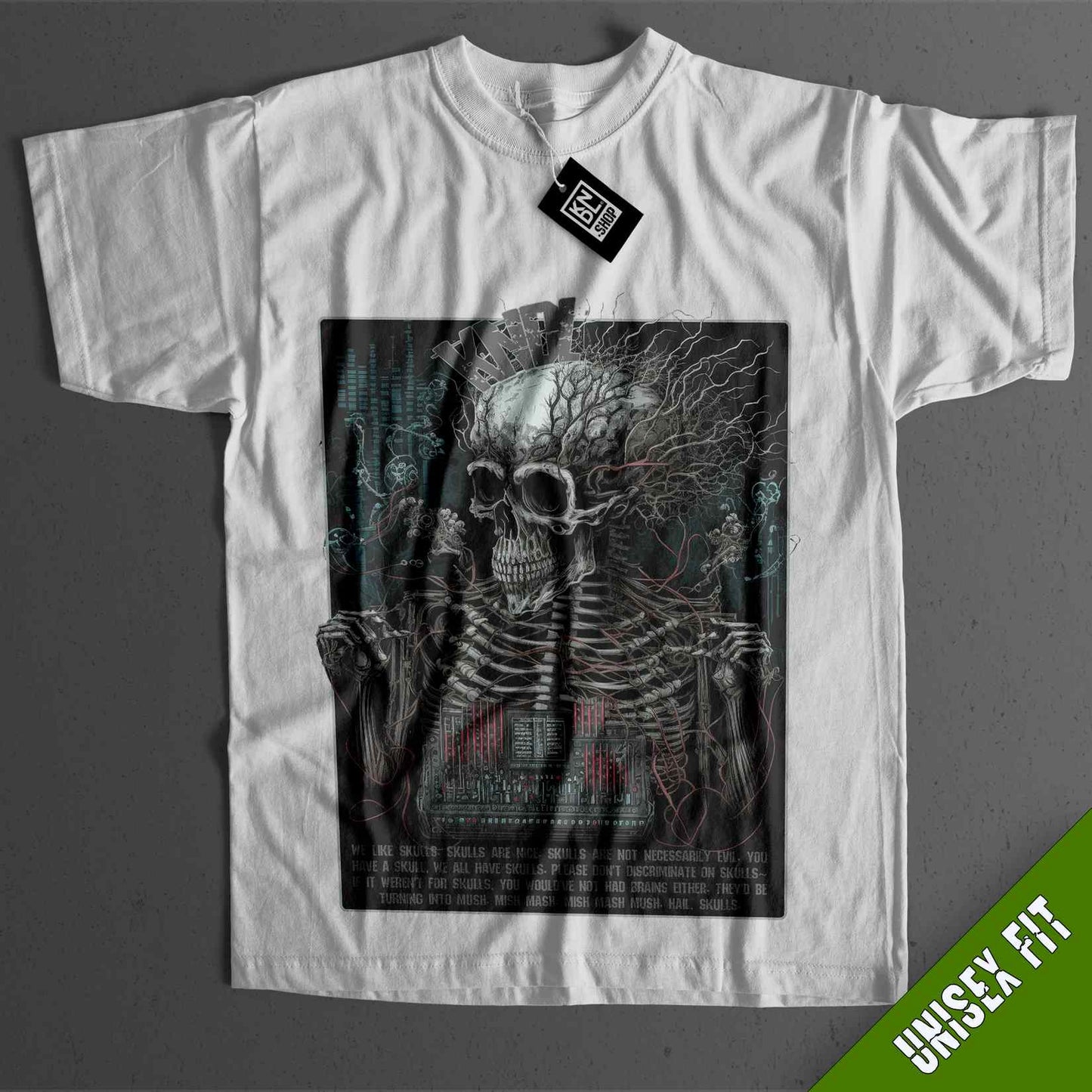 a white t - shirt with a skeleton on it