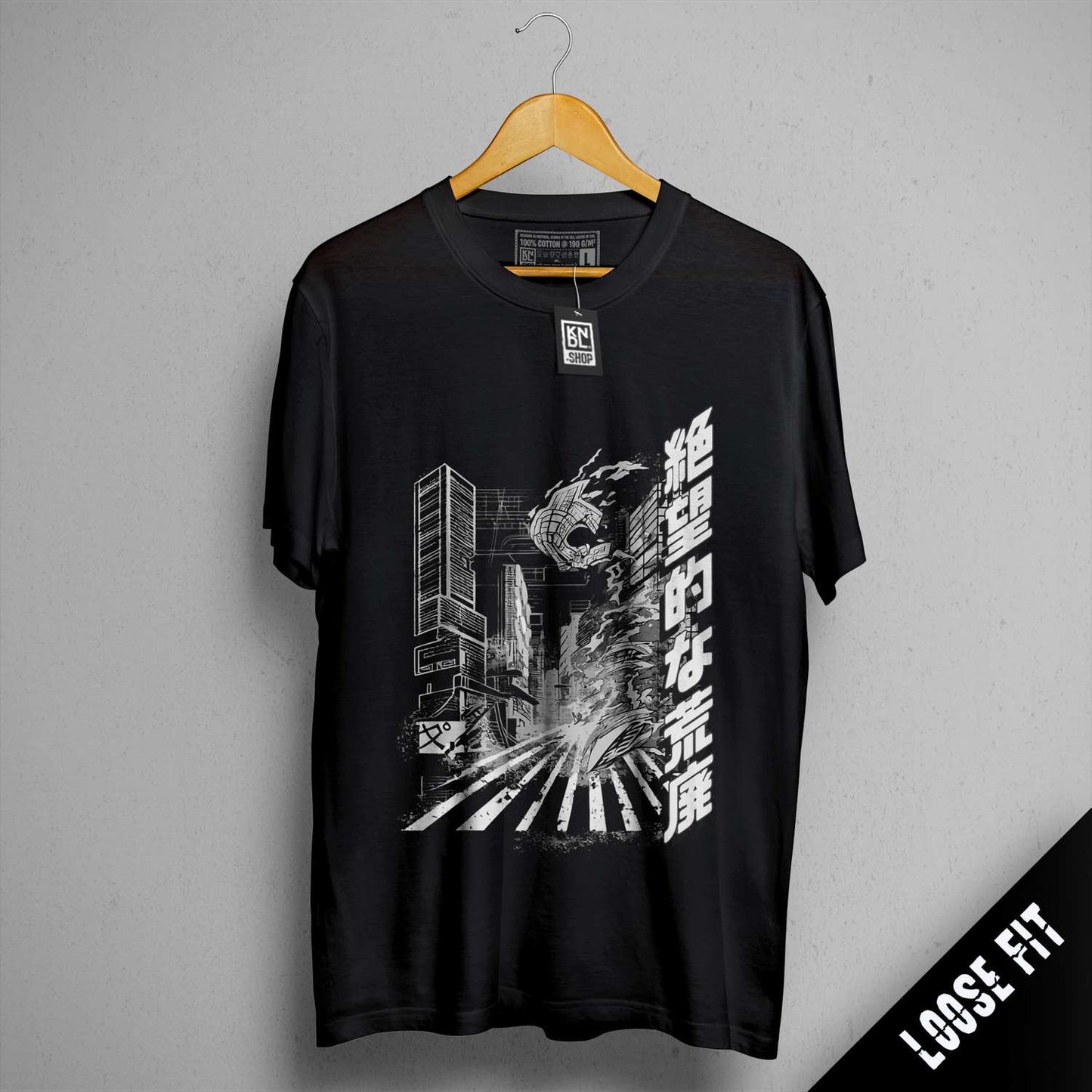a black t - shirt with a picture of a city on it