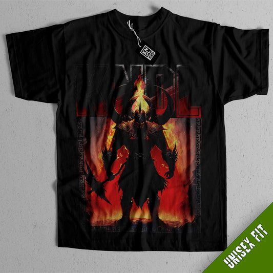 a black shirt with a picture of a demon on it