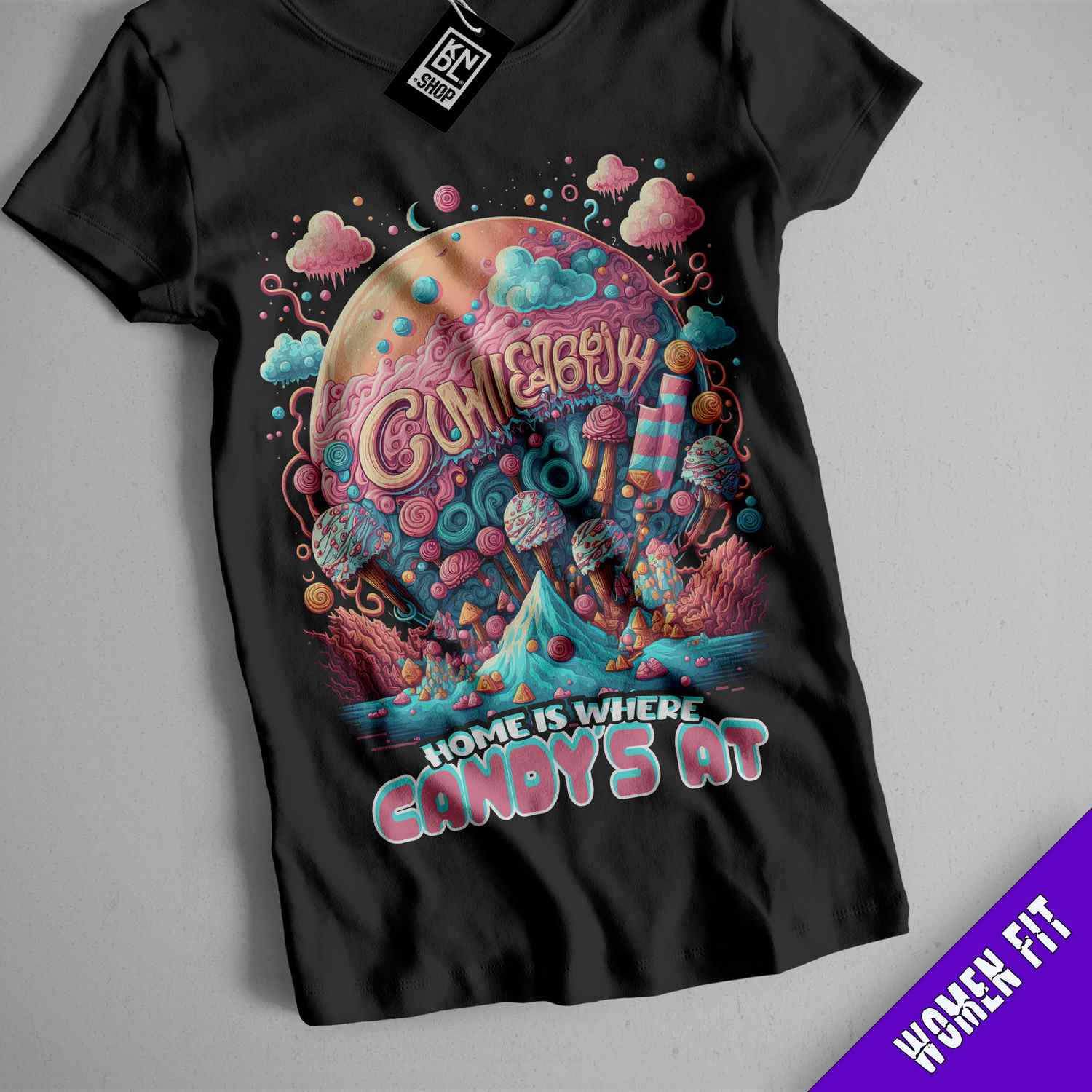 a black t - shirt with an image of a candy land