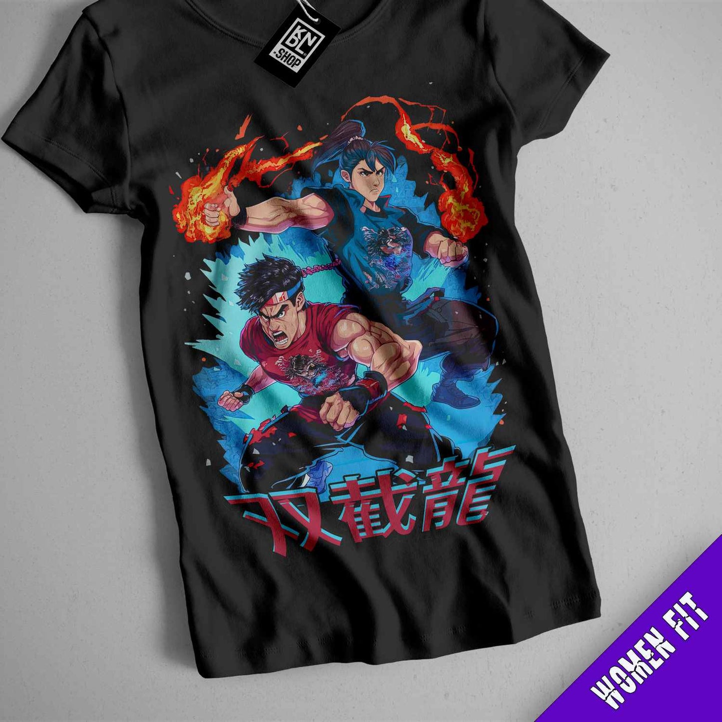 a black t - shirt with a picture of two anime characters on it