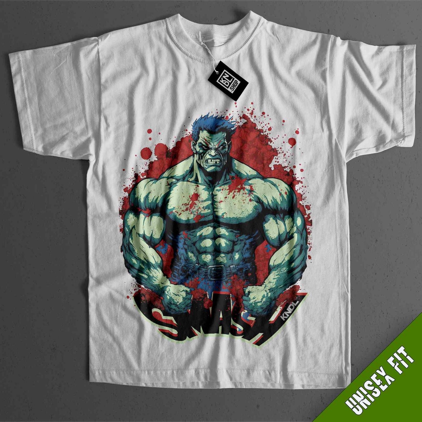 a white t - shirt with a picture of the hulk