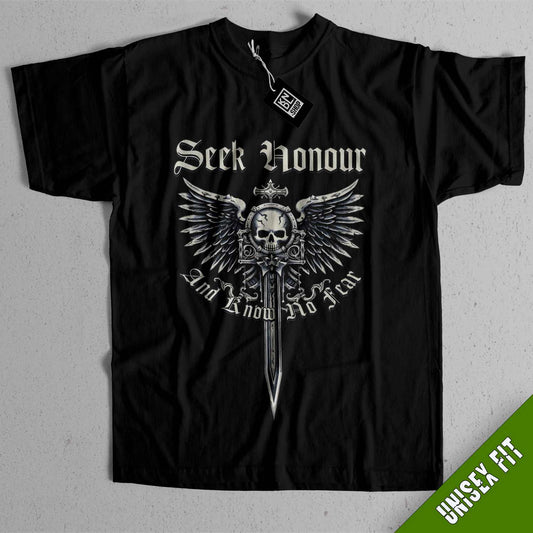 a black shirt with a skull and sword on it